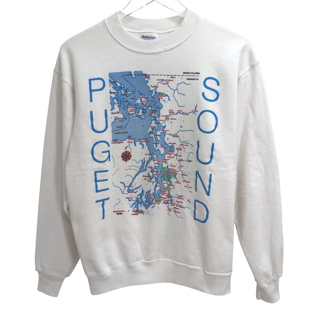 Vintage Hanes Puget Sound Map Sweatshirt L Crewneck PNW Granola Girl Made in USA